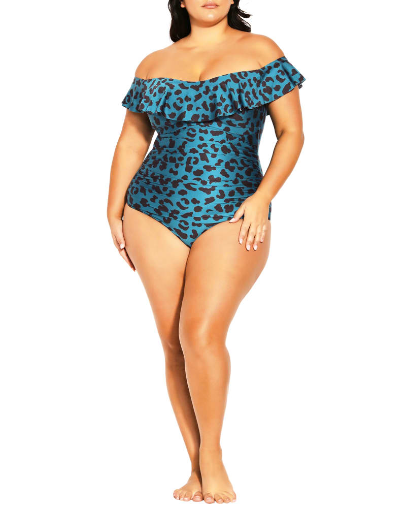 Front of a model wearing a size XS Ingrid Printed Ruffle One-Piece in Teal / Black by City Chic. | dia_product_style_image_id:209963